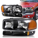 1999–2006 GMC Sierra 1500 2500 Black Headlights w/ Bumper Signal Lights 4PCS Set - Clear Lens Amber Reflectors