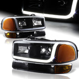 2000-2006 GMC Yukon XL 1500 2500 LED DRL Black Headlights w/ Bumper Signal Lights 4PCS Set - Clear Lens Amber Reflectors