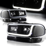 1999-2006 GMC Sierra 1500 2500 LED DRL Black Headlights w/ Bumper Signal Lights 4PCS Set - Clear Lens Clear Reflectors