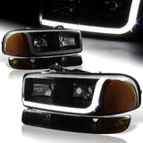2000-2006 GMC Yukon XL 1500 2500 LED DRL Black Headlights w/ Bumper Signal Lights 4PCS Set - Smoked Lens Clear Reflectors