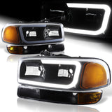 For 1999 - 2006 GMC Sierra / Yukon XL 1500 2500 G2 LED DRL Headlights -Black Housing / Clear Lens / Amber Reflectors (4-Piece Set)