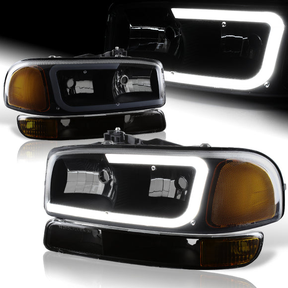 For 1999 - 2006 GMC Sierra / Yukon XL 1500 2500 G2 LED DRL Headlights -Black Housing / Smoke Lens / Amber Reflectors (4-Piece Set)