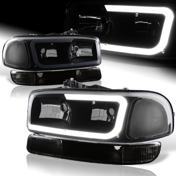 For 1999 - 2006 GMC Sierra / Yukon XL 1500 2500 G2 LED DRL Headlights -Black Housing / Smoke Lens / Clear Reflectors (4-Piece Set) (Copy)