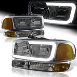 For 2000 - 2006 GMC Yukon XL 1500 2500 G2 LED DRL Headlights -Chrome Housing / Smoke Lens / Amber Reflectors (4-Piece Set)