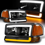 For 1999 - 2006 GMC Sierra / Yukon LED DRL Headlights -Black Housing / Clear Lens / Amber Reflectors (4-Piece Set)