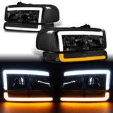 For 1999 - 2006 GMC Sierra / Yukon LED DRL Headlights -Chrome Housing / Smoke Lens / Clear Reflectors (4-Piece Set)