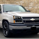 For 2003 - 2007 Chevrolet Chevy Silverado / 2002 - 2006 Avalanche LED DRL Headlights -Black Housing / Clear Lens / Amber Reflectors (4-Piece Set)