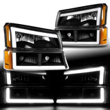 For 2003 - 2007 Chevrolet Chevy Silverado / 2002 - 2006 Avalanche LED DRL Headlights -Black Housing / Clear Lens / Amber Reflectors (4-Piece Set)
