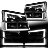For 2003 - 2007 Chevrolet Chevy Silverado / 2002 - 2006 Avalanche LED DRL Headlights -Black Housing / Clear Lens / Clear Reflectors (4-Piece Set)