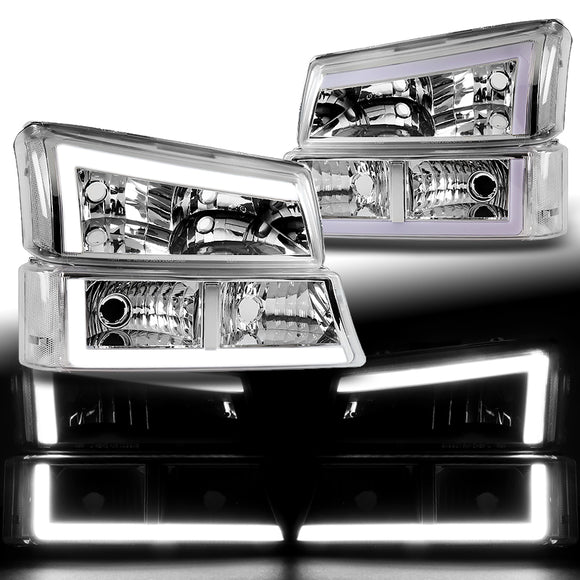 For 2003 - 2007 Chevrolet Chevy Silverado / 2002 - 2006 Avalanche LED DRL Headlights -Chrome Housing / Clear Lens / Clear Reflectors (4-Piece Set)