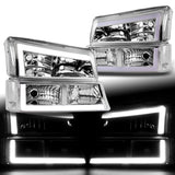 For 2003 - 2007 Chevrolet Chevy Silverado / 2002 - 2006 Avalanche LED DRL Headlights -Chrome Housing / Clear Lens / Clear Reflectors (4-Piece Set)