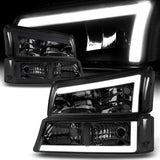 For 2003 - 2007 Chevrolet Chevy Silverado / 2002 - 2006 Avalanche LED DRL Headlights -Chrome Housing / Smoke Lens / Clear Reflectors (4-Piece Set)
