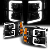 For 2007 - 2014 Chevrolet Chevy Silverado LED DRL Headlights -Black Housing / Clear Lens / Amber Reflectors