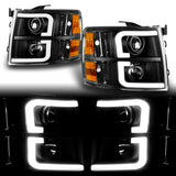 For 2007 - 2014 Chevrolet Chevy Silverado LED DRL Headlights -Black Housing / Clear Lens / Amber Reflectors