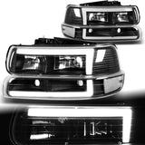 For 1999 - 2002 Chevrolet Chevy Silverado / 2000 - 2006 Tahoe Suburban LED DRL Headlights -Black Housing / Clear Lens / Clear Reflectors (4-Piece Set)