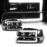 For 1999 - 2002 Chevrolet Chevy Silverado / 2000 - 2006 Tahoe Suburban LED DRL Headlights -Black Housing / Clear Lens / Clear Reflectors (4-Piece Set)