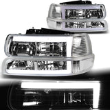 For 1999 - 2002 Chevrolet Chevy Silverado / 2000 - 2006 Tahoe Suburban LED DRL Headlights -Chrome Housing / Clear Lens / Clear Reflectors (4-Piece Set)