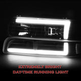 For 1999 - 2002 Chevrolet Chevy Silverado / 2000 - 2006 Tahoe Suburban LED Bar DRL Headlights -Chrome Housing / Smoke Lens / Clear Reflectors (4-Piece Set)