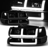 For 1999 - 2002 Chevrolet Chevy Silverado / 2000 - 2006 Tahoe Suburban G2 LED Bar DRL Headlights -Black Housing / Smoke Lens / Clear Reflectors (4-Piece Set)