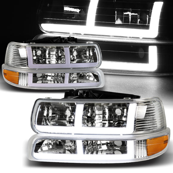 For 1999 - 2002 Chevrolet Chevy Silverado / 2000 - 2006 Tahoe Suburban G2 LED Bar DRL Headlights -Chrome Housing / Smoke Lens / Clear Reflectors (4-Piece Set)