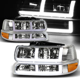 For 1999 - 2002 Chevrolet Chevy Silverado / 2000 - 2006 Tahoe Suburban G2 LED Bar DRL Headlights -Chrome Housing / Smoke Lens / Clear Reflectors (4-Piece Set)