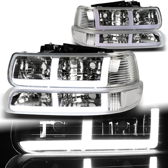 For 1999 - 2002 Chevrolet Chevy Silverado / 2000 - 2006 Tahoe Suburban G2 LED Bar DRL Headlights -Chrome Housing / Clear Lens / Clear Reflectors (4-Piece Set)