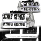 For 1999 - 2002 Chevrolet Chevy Silverado / 2000 - 2006 Tahoe Suburban G2 LED Bar DRL Headlights -Chrome Housing / Clear Lens / Clear Reflectors (4-Piece Set)