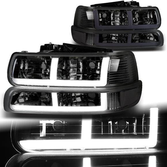 For 1999 - 2002 Chevrolet Chevy Silverado / 2000 - 2006 Tahoe Suburban G2 LED Bar DRL Headlights -Chrome Housing / Smoke Lens / Clear Reflectors (4-Piece Set)