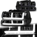 For 1999 - 2002 Chevrolet Chevy Silverado / 2000 - 2006 Tahoe Suburban G2 LED Bar DRL Headlights -Chrome Housing / Smoke Lens / Clear Reflectors (4-Piece Set)