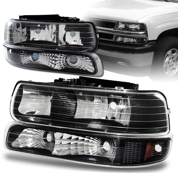 For 2000 - 2006 Chevrolet Chevy Suburban 1500 2500 Tahoe Headlights + Bumper Lights -Black Housing / Clear Lens / Amber Reflectors (4-Piece Set)