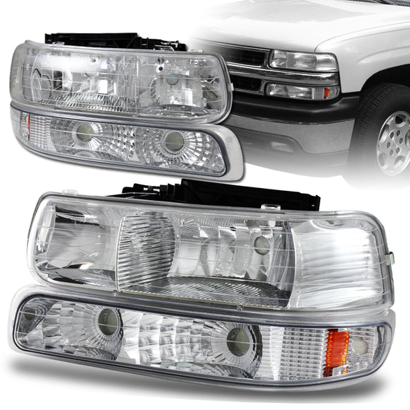 For 2000 - 2006 Chevrolet Chevy Suburban 1500 2500 Tahoe Headlights + Bumper Lights -Chrome Housing / Clear Lens / Amber Reflectors (4-Piece Set)