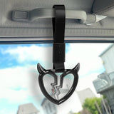 Devil Horns Broken Heart Crystal-Style Ring JDM Tsurikawa Drift Subway Train Bus Handle Strap – Universal Car Interior Hanging Charm, Black Nylon X1