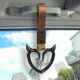 Devil Horns Broken Heart Crystal-Style Ring JDM Tsurikawa Drift Subway Train Bus Handle Strap – Universal Car Interior Hanging Charm, Brown Nylon X2