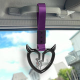 Devil Horns Broken Heart Crystal-Style Ring JDM Tsurikawa Drift Subway Train Bus Handle Strap – Universal Car Interior Hanging Charm, Purple Nylon X1