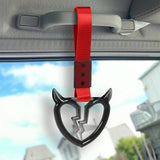 Devil Horns Broken Heart Crystal-Style Ring JDM Tsurikawa Drift Subway Train Bus Handle Strap – Universal Car Interior Hanging Charm, Red Nylon X2
