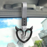 Devil Horns Broken Heart Crystal-Style Ring JDM Tsurikawa Drift Subway Train Bus Handle Strap – Universal Car Interior Hanging Charm, Silver Nylon X2
