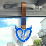 Devil Horns Broken Heart Crystal-Style Ring JDM Tsurikawa Drift Subway Train Bus Handle Strap – Universal Car Interior Hanging Charm, Brown Nylon X2