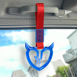 Devil Horns Broken Heart Crystal-Style Ring JDM Tsurikawa Drift Subway Train Bus Handle Strap – Universal Car Interior Hanging Charm, Red Nylon X2