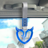 Devil Horns Broken Heart Crystal-Style Ring JDM Tsurikawa Drift Subway Train Bus Handle Strap – Universal Car Interior Hanging Charm, Silver Nylon X2