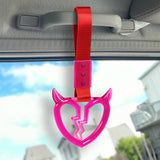 Devil Horns Broken Heart Crystal-Style Ring JDM Tsurikawa Drift Subway Train Bus Handle Strap – Universal Car Interior Hanging Charm, Red Nylon X2