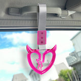 Devil Horns Broken Heart Crystal-Style Ring JDM Tsurikawa Drift Subway Train Bus Handle Strap – Universal Car Interior Hanging Charm, Silver Nylon X2