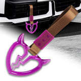 Devil Horns Broken Heart Crystal-Style Ring JDM Tsurikawa Drift Subway Train Bus Handle Strap – Universal Car Interior Hanging Charm, Brown Nylon X1