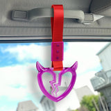Devil Horns Broken Heart Crystal-Style Ring JDM Tsurikawa Drift Subway Train Bus Handle Strap – Universal Car Interior Hanging Charm, Red Nylon X2