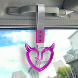 Devil Horns Broken Heart Crystal-Style Ring JDM Tsurikawa Drift Subway Train Bus Handle Strap – Universal Car Interior Hanging Charm, Silver Nylon X2