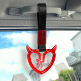 Devil Horns Broken Heart Crystal-Style Ring JDM Tsurikawa Drift Subway Train Bus Handle Strap – Universal Car Interior Hanging Charm, Black Nylon X1