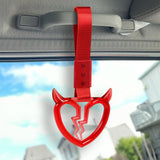 Devil Horns Broken Heart Crystal-Style Ring JDM Tsurikawa Drift Subway Train Bus Handle Strap – Universal Car Interior Hanging Charm, Red Nylon X2