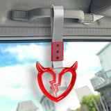 Devil Horns Broken Heart Crystal-Style Ring JDM Tsurikawa Drift Subway Train Bus Handle Strap – Universal Car Interior Hanging Charm, Silver Nylon X2