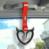 Devil Horns Broken Heart Crystal-Style Ring JDM Tsurikawa Drift Subway Train Bus Handle Strap – Universal Car Interior Hanging Charm, Red PVC X2