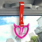 Devil Horns Broken Heart Crystal-Style Ring JDM Tsurikawa Drift Subway Train Bus Handle Strap – Universal Car Interior Hanging Charm, Red PVC X2