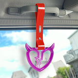 Devil Horns Broken Heart Crystal-Style Ring JDM Tsurikawa Drift Subway Train Bus Handle Strap – Universal Car Interior Hanging Charm, Red PVC X2
